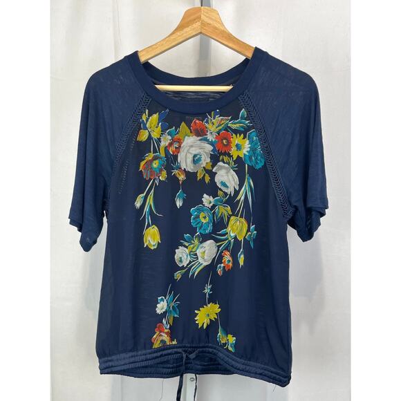 TINY Anthropologie Carley Floral Top Short Sleeve Drawstring Hem Blue Multi S - Picture 10 of 10